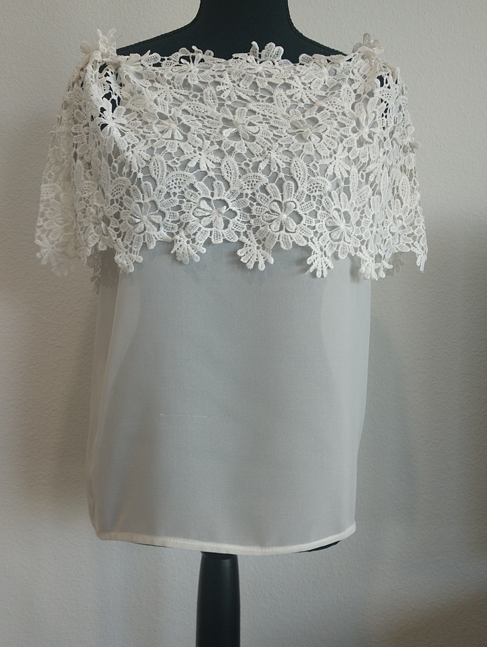 Lace-Overlay White Blouse with Floral Yoke